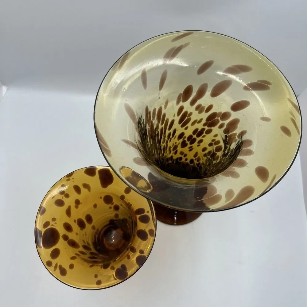 Vintage Hand Blown Art Glass Vases Set of 2 Amber Brown Spotted Pedestal Vases